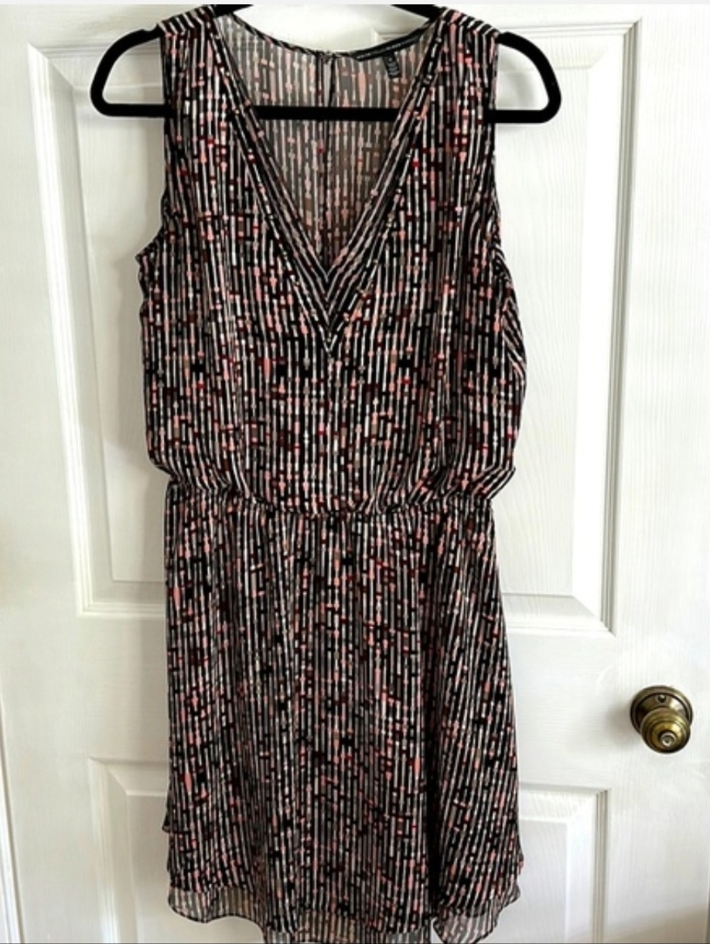 White House Black Market Black Printed V-Neck Dress with Pink Accent